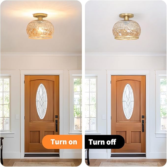 Brushed Brass Semi Flush Mount Ceiling Light with Amber Globe Glass Shade, Modern Hallway Lighting Fixtures, Vintage Ceiling Light for Kitchen, Bedroom, Closet, Entryway, Porch