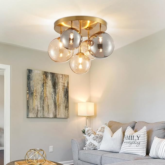 AGV LIGHTING Flush Mount Ceiling Light Fixture, Modern Bubble Glass Ceiling Light with Black Metal Frame, 5-Light G9 Base Gold Brass Ceiling Chandelier for Bedroom Living Room Kitchen Dining Room