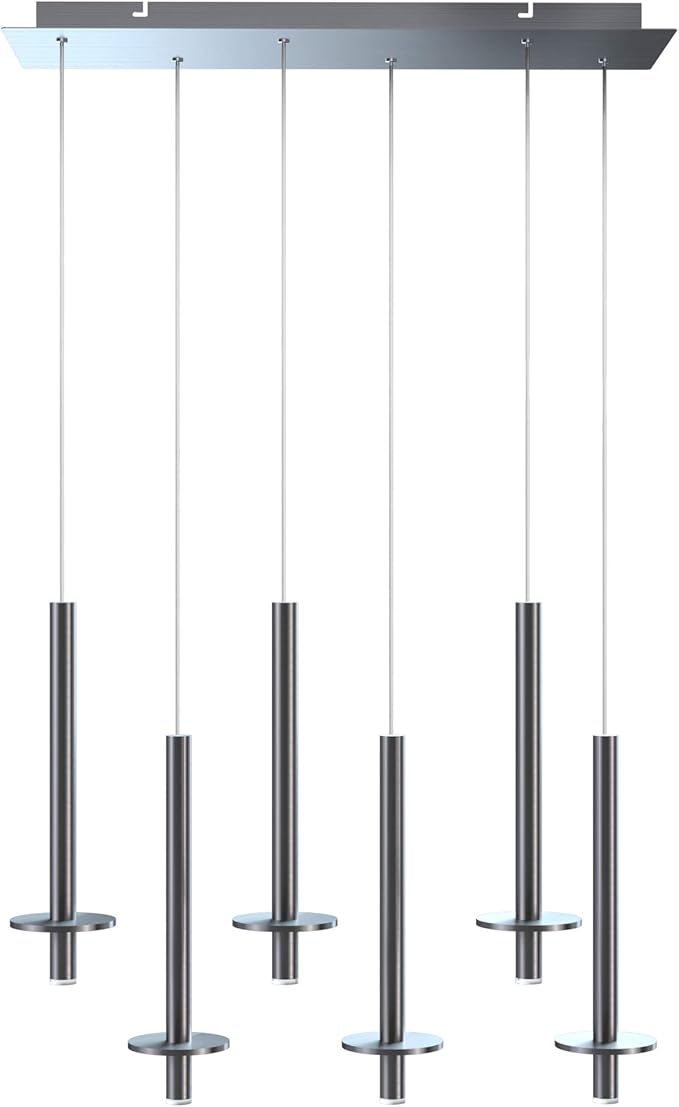 Draco 6 Pendant Lighting Nickel – LED Hanging Light Fixture for Kitchen Island, Bar, Foyer – Equilateral Cluster of Mini Metal Rod Pipe Tube Cylinders – Dimmable, Adjustable Wire, Lamp Bulb Included