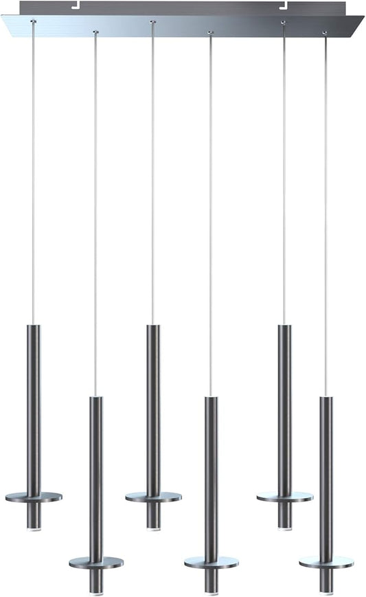 Draco 6 Pendant Lighting Nickel – LED Hanging Light Fixture for Kitchen Island, Bar, Foyer – Equilateral Cluster of Mini Metal Rod Pipe Tube Cylinders – Dimmable, Adjustable Wire, Lamp Bulb Included