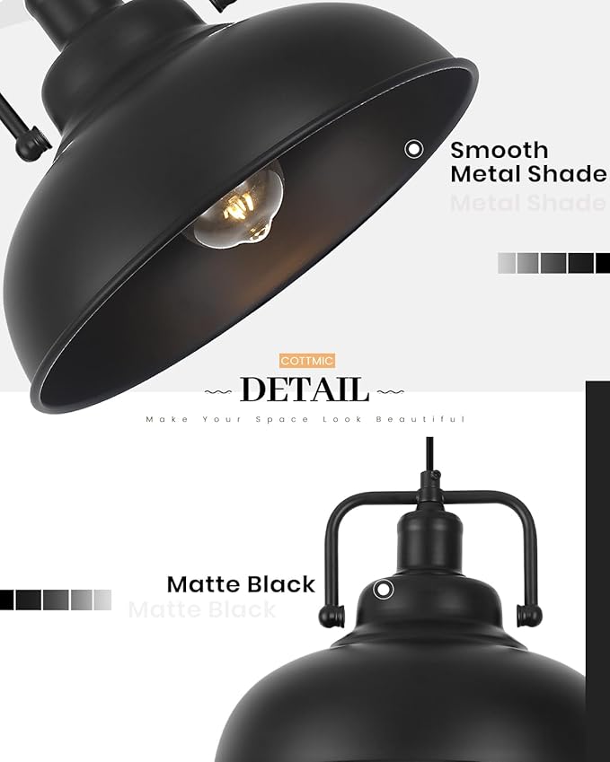 Black Farmhouse Pendant Light 2pack, 11.4in Vintage Kitchen Pendant Light Fixture, Adjustable Height, Modern Pendant Lighting, Metal Pendant Lights for Kitchen Island, Dining Room E26 Base