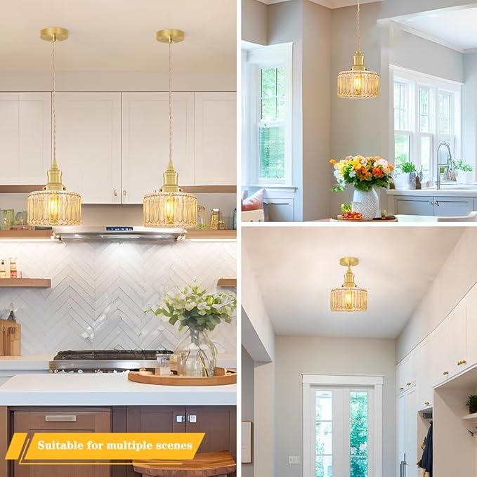 Rustic Pendant Light Set of 2, Brushed Gold Pendant Lights Kitchen Island with Amber Glass Shade, Brass Kitchen Pendant Lighting over Island, Adjustable Hanging Light for Hallway Bathroom Dining Room