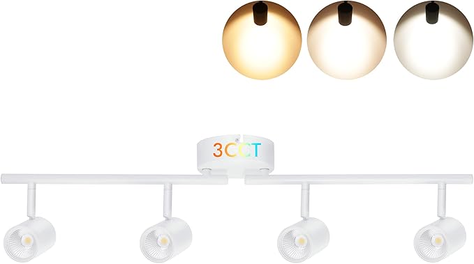 CLOUDY BAY 3 Color LED Dimmable 4-Head Track Lighting Kit,3000K/4000K/5000K Selectable 30W 2400lm CRI90,Adjustable Light Head Fixture for Accent Decorative Lighting,White