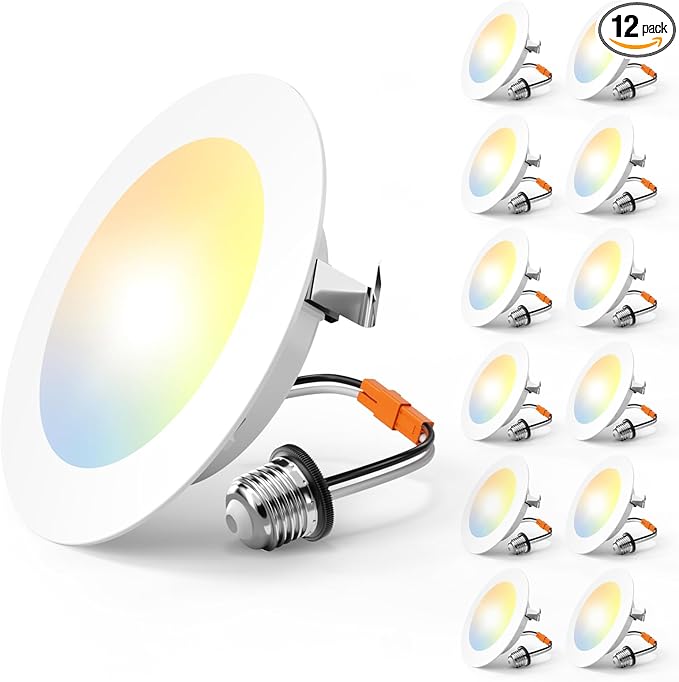 Amico Recessed Lighting 4 Inch, 12 Pack 5CCT Flat LED Can Lights, 2700K/3000K/4000K/5000K/6000K Selectable, 7W=60W, 700LM Brightness, Retrofit Installation - ETL & FCC, White