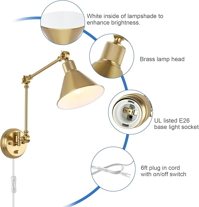 TRLIFE Wall Sconces Plug in, Dimmable Wall Sconces Brushed Brass Swing Arm Wall Lights Plug in Wall Mounted Light Industrial Wall Lights with 6FT Plug in Cord, E26 Base, UL Listed(2 Pack, 2 Bulbs)