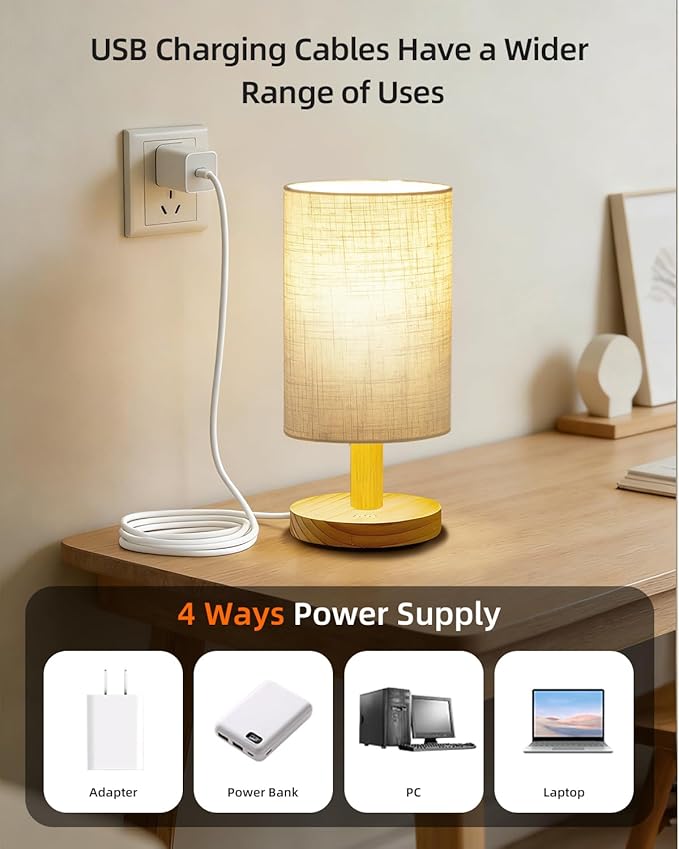Small Touch Table Lamp for Bedroom, Bedside Lamp for Warm Light LED Desk Lamp, Wood Base Round Flaxen Fabric Shade for Kids Room, Living Room, College Dorm, Home, Office