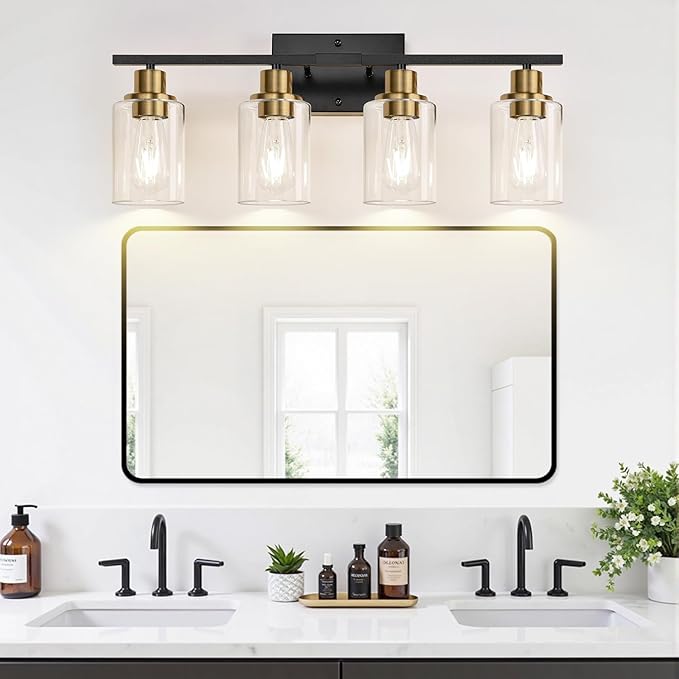 Indoi 4-Light Bathroom Light Fixtures, Black and Gold Modern Vanity Lights with Clear Glass Shades, Bathroom Wall Lamp for Mirror Living Room Cabinet Bedroom Porch
