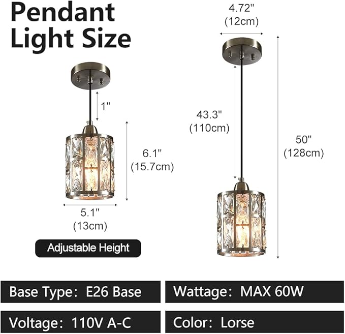 3 Pack Kitchen Ceiling Light Fixtures Crystal Hanging Pendant Lighting with Brushed Nickel Plating Finish Metal Shade for Kitchen Island Dining Room Bar Over Sink