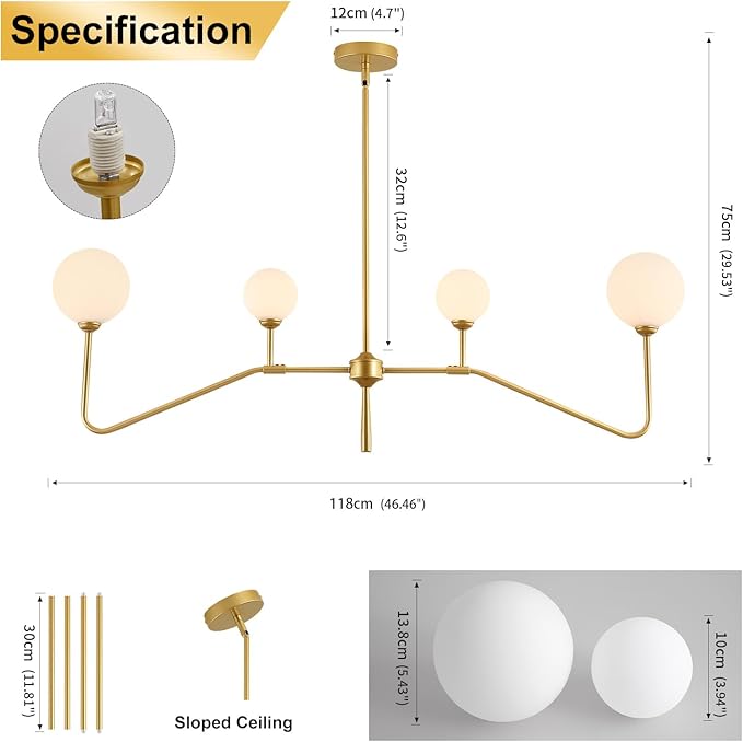Modern Linear Chandelier for Dining Room,Glass Globe Kitchen Island Light, Mid-Century Sputnik Ceiling Light Fixture with Brushed Gold Finish & Milk Glass Shades, Adjustable Rod Hanging Lighting