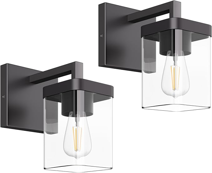 Set of 2 Wall Sconce, Square Design Morden Bathroom Lighting Fixtures with Clear Glass Shade, Matte Black Wall Lights for Living Room/Bedroom/Hallway/Porch