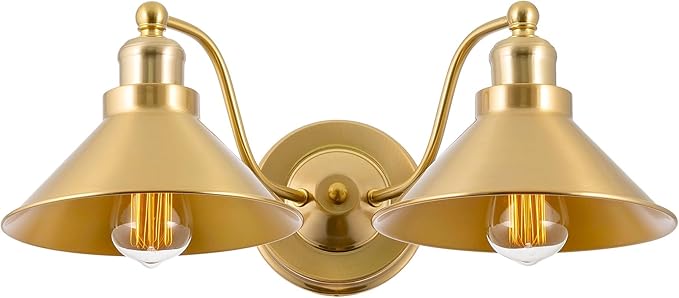 Kira Home Welton 19" 2-Light Modern Farmhouse Gold Vanity Light with Dual Funnel Shades, Industrial Gold Wall Sconce Bathroom Light, Cool Brass Finish
