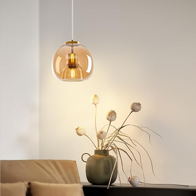 Amber Glass Pendant Lights Kitchen Island Gold Hanging Light Fixture Glass Globe Pendant Light Modern Pendant Lighting for Kitchen Island Bedroom Dining Room (7.87", 1 Pack)
