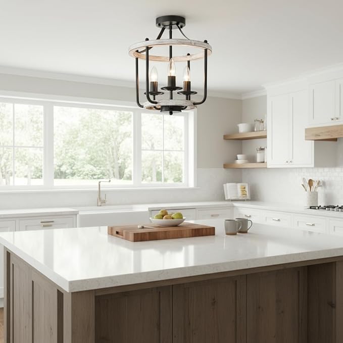 Farmhouse Semi Flush Mount Ceiling Light Fixtures, Industrial Rustic Ceiling Lamp Metal Cage Hallway Light Fixtures(3-Light Whitewashed Wood Finish)