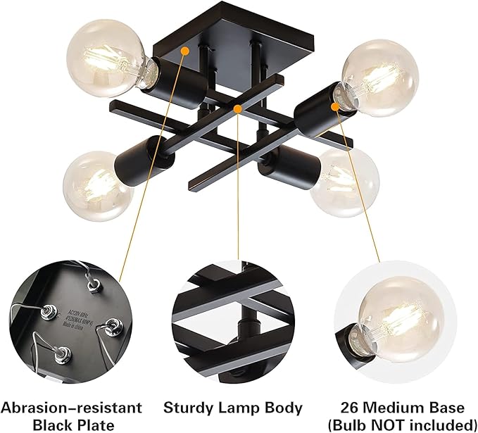2 Pack Industrial 4-Light Semi Flush Mount Ceiling Light Fixture, Modern Black Chandelier Lighting, Farmhouse Sputnik Ceiling Lamp, E26 Base Pendant Lights for Bedroom Living Room Entryway