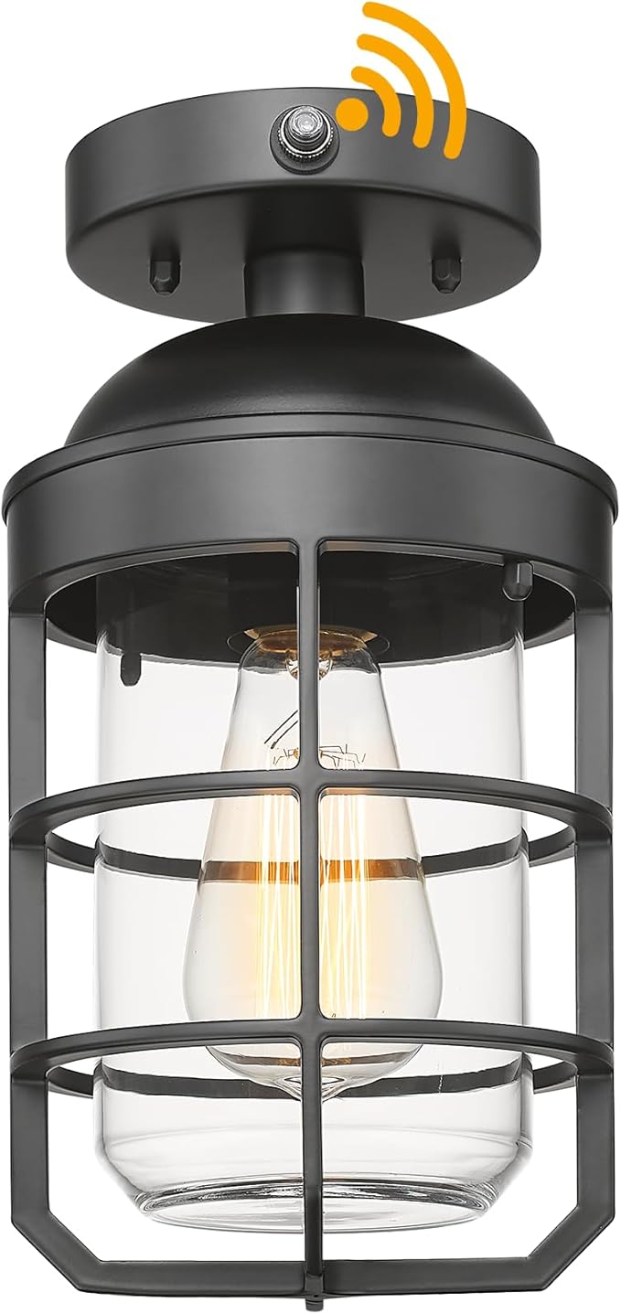 Outdoor Ceiling Lights for Porch with Dusk to Dawn Sensor, Black Outdoor Semi Flush Mount Ceiling Light Fixture with Clear Glass for Front Porch Entryway Patio