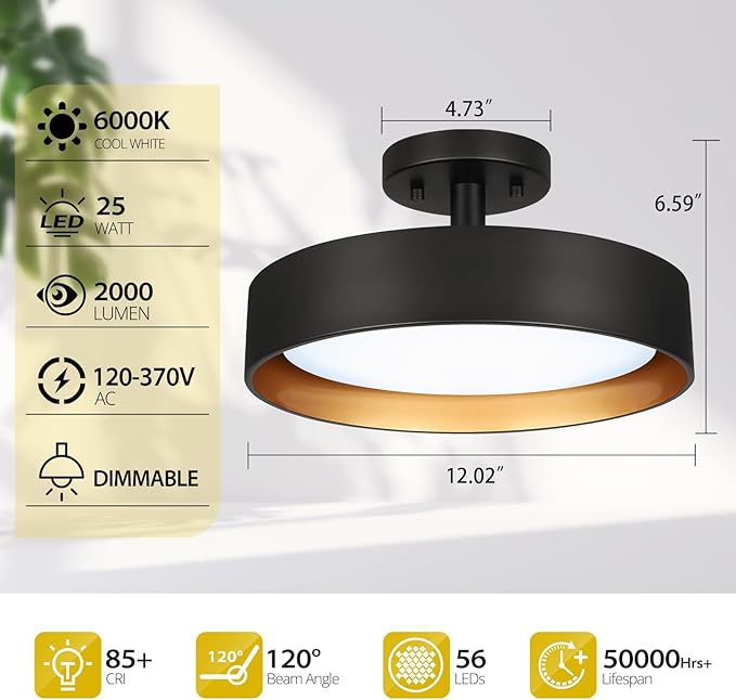 SunRider Industrial Semi Flush Mount LED Ceiling Light Fixture, 12 Inch 25W 2000LM Black Metal Bedroom Lamp, Golden Inside, 6000K Cool White, Dimmable