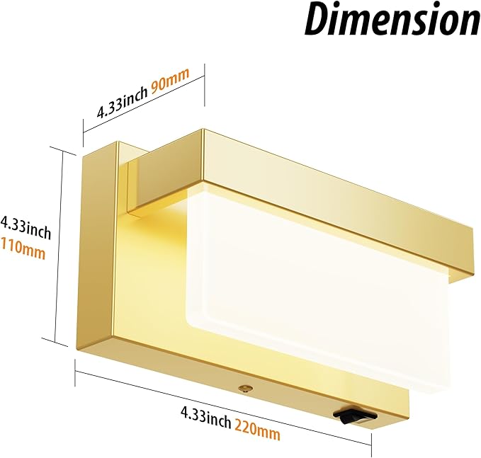 Switched LED Wall Sconce Set of 2, Indoor 8 inch 12 Watt 4000K Wired Gold Wall Mounted Sconce Light with On/Off Switch, Frosted Arcylic Shade Sconces for Bedroom Living Room Bathroom Kitchen Hallway
