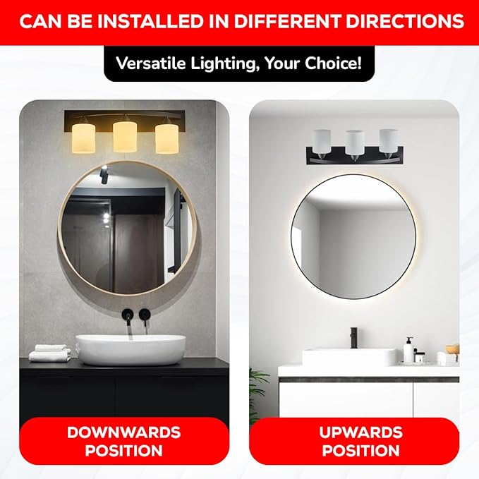 The Door Bull Modern 3-Light Bathroom Vanity Light – Matte Black Fixture with Frosted Glass Shades, E26 Socket – Wall Sconce for Mirror, Bathroom, Kitchen, Hallway, Entryway
