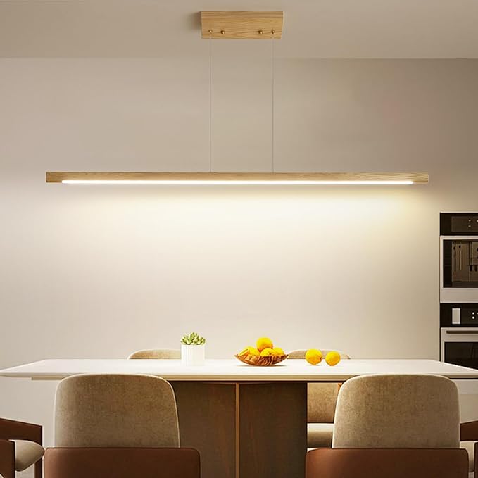 Modern Wooden Pendant Light, 47IN White Ash Wood Chandelier with Remote Control 3000k-6500K Adjustable Color Temperature，Aluminum Island Lighting Lamp for Dining Room, Living Room B