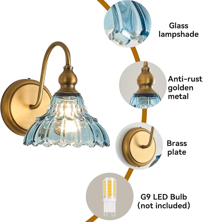 Vintage Blue Glass Lampshade Bedroom Wall Sconces 1-Light Hardwired Wall Mount Bathroom Wall Sconce Light Fixtures for Hallway Kitchen Dress Room