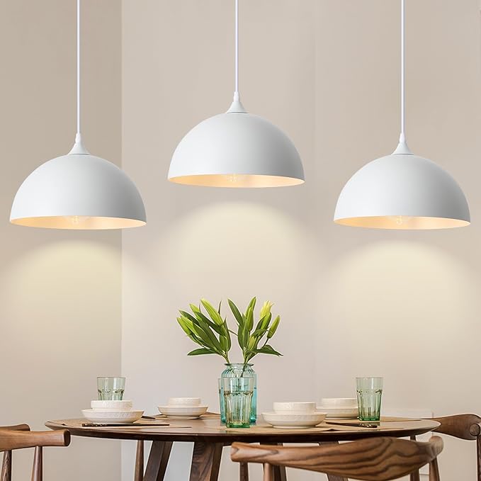 3 Pack White Pendant Lights Kitchen Island 11.8" Modern Dome Pendant Light Fixtures Farmhouse Industrial Vintage Hanging Ceiling Light Fixture for Dining Room Foyer Hallway Bar Cafe Kitchen