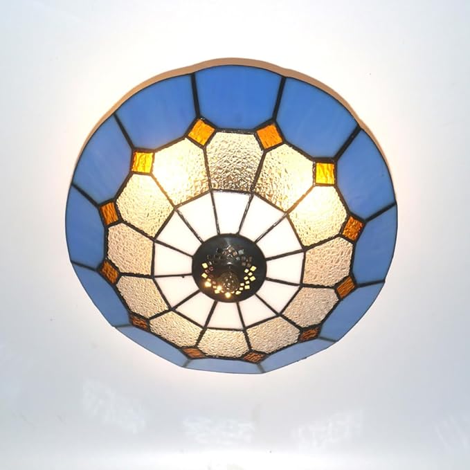 12 Inch Tiffany Style Vintage Stained Glass Ceiling Light Flush Mount Ceiling Light Pendent Chandelier Lighing Fixtures (12 Inch Blue)