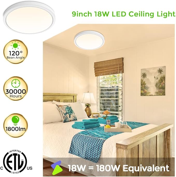inShareplus 9inch LED Flush Mount Ceiling Light Fixture, 18W [180W Equivalent] Warm White 2800K Ceiling Lights Fixture, 1800LM White Ceiling Lamp for Bedroom, Living Room, Kitchen, Office, Hallway