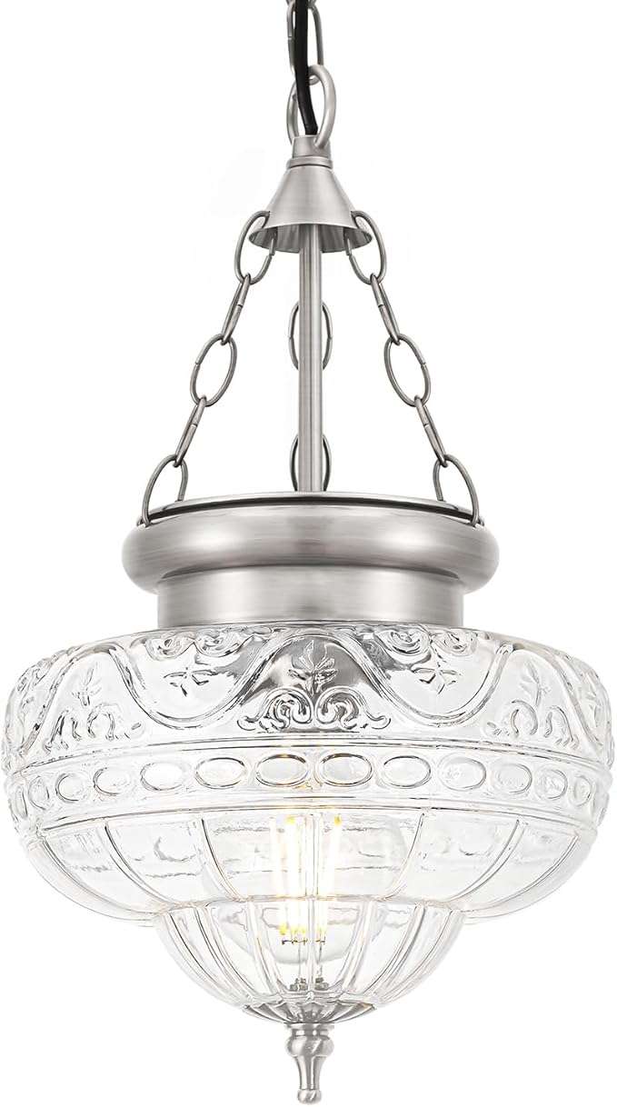 Vintage Pendant Light - Brushed Nickel Pendant Lights Kitchen Island with Floral Glass, Hanging Lighting Fixtures with Adjustable Hanging Chain for Kitchen, Island, Dining Room, Entryway
