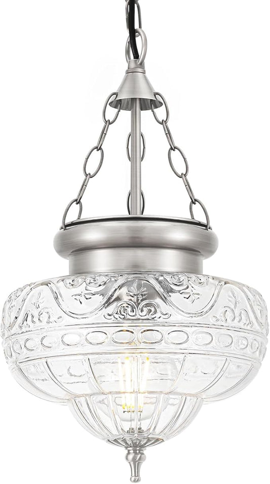 Vintage Pendant Light - Brushed Nickel Pendant Lights Kitchen Island with Floral Glass, Hanging Lighting Fixtures with Adjustable Hanging Chain for Kitchen, Island, Dining Room, Entryway