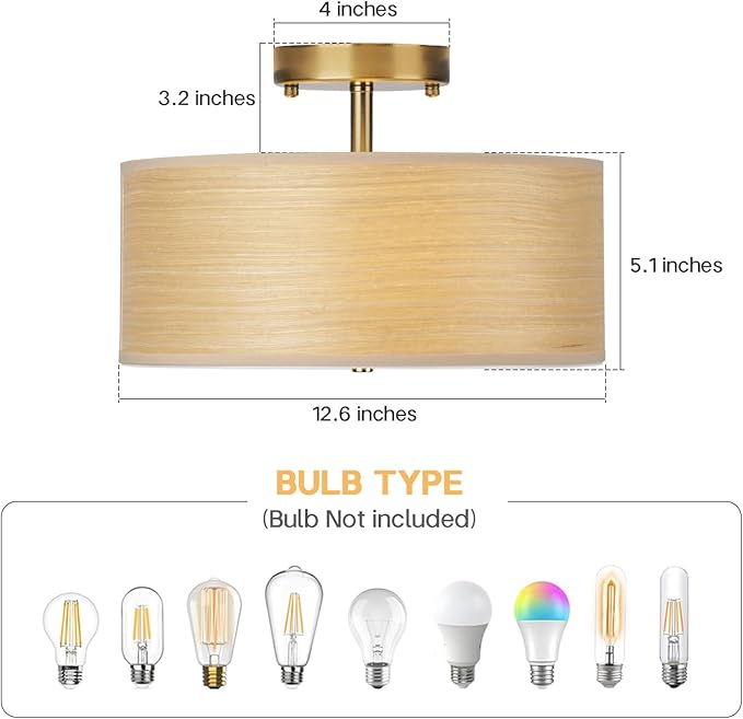 Gold Drum Ceiling Light Fixture, 13" Semi Flush Mount with Natural Wood Shade, Modern Farmhouse Close to Ceiling Lamp for Bedroom, Dining Room, Kitchen, Hallway, Entryway, Foyer