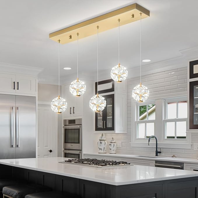 ykolupty 5-Lights Crystal Globe Pendant Light Kitchen Island Gold Linear Chandeliers for Dining Room,LED Dimmable Globe Chandelier for Kitchen Living Room Foyer
