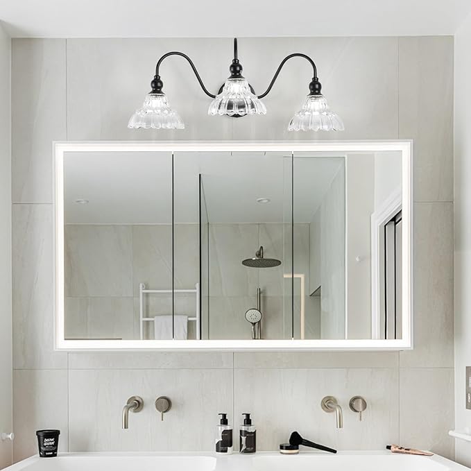 Vintage Bathroom Vanity Light Fixtures Antique 3-Light Black Vanity Lights Crystal Glass Shades Bathroom Lighting for Mirror Bedroom