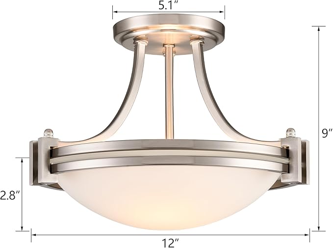 Brushed Nickel Semi Flush Mount Ceiling Light 12-Inch 2-Light Modern Milk Glass Light Fixture Flush Mount for Bedroom Hallway Staircase