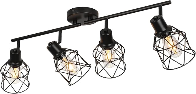 WILON Track Lighting Fixtures Ceiling 4-Light Flush Mount Ceiling Spot Lights, Industrial Track Light Black Kitchen Light Fixtures Rotatable Spotlight for Kitchen Hallway Living Room (E26 Base)