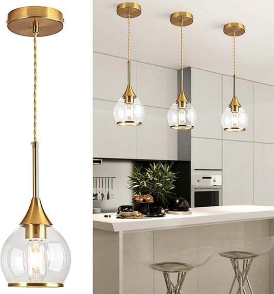 1-Piece Island Light for Kitchen, 1-Light Gold Kitchen Island Hanging Pendant Light with Clear Round Glass Shades, Brushed Gold Finish Dining Room Light Fixture Over Table