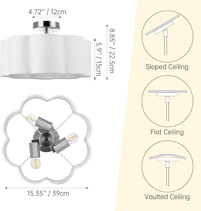 Newrays 3-Light Semi Flush Mount Ceiling Light Fixture, Fabric Shade Modern Close to Ceiling Lamp for Nursery Kids Room Bedroom Kitchen Hallway Entryway with 3PCS LED Bulbs (White)