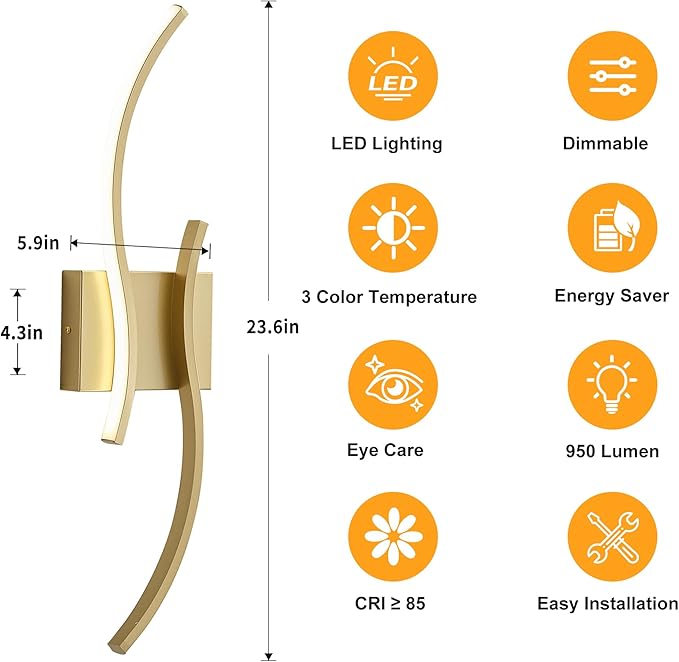 KARTOOSH 2 Pack Gold Light Fixture Hardwired Bathroom Vanity Lights Fixtures Over Mirror 23.6 Inch 3CCT Dimmable Modern Wall Lights for Mirror Kitchen Living Room Cabinet Porch Hallway