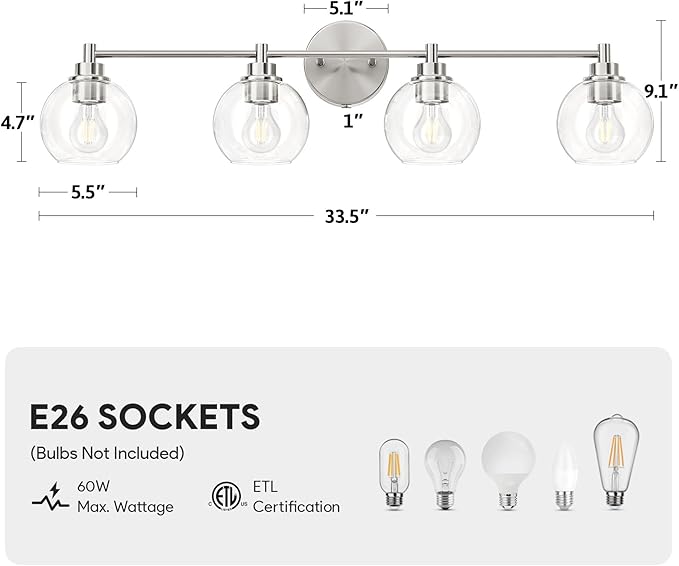 VONLUCE Bathroom Light Fixtures, 4-Light Vanity Light with Globe Glass Shades E26 Sockets, Bathroom Lights Over Mirror for Bedroom Hallway Living Room, Brushed Nickel Finish, ETL Certificated