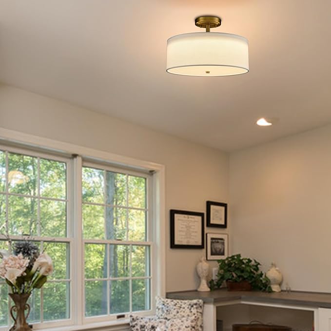 Dimmable Gold Semi Flush Mount Ceiling Light with Drum Shade Ceiling Light Fixture 30W 3000K/4500K/5500K Brass LED Flush Mount Light for Bedroom Hallway Living Room, 15-Inch
