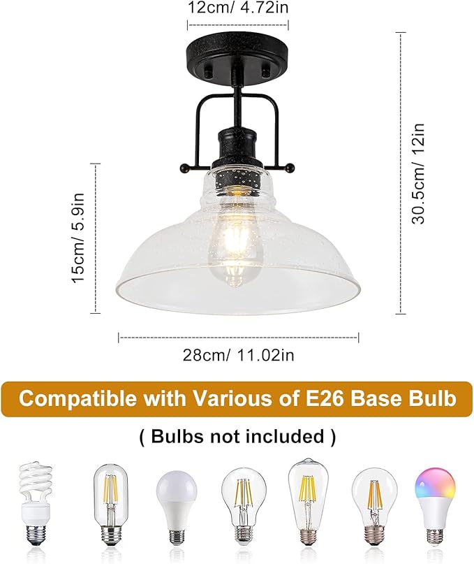 WILON Rustic Farmhouse Ceiling Light, Seeded Glass Ceiling Light, Rust Semi Flush Mount Ceiling Lights, Kitchen Lighting Fixtures Ceiling Lamp for Sink Foyer Entryway Bathroom Laundry Room Hallway