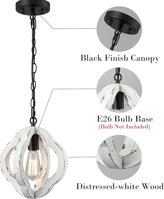 SAMTEEN Farmhouse Wood Pendant Light Distressed White Wood Chandelier Lighting with Adjustable Chain Wooden Hanging Light Fixtures for Kitchen Island Dining Room Bedroom