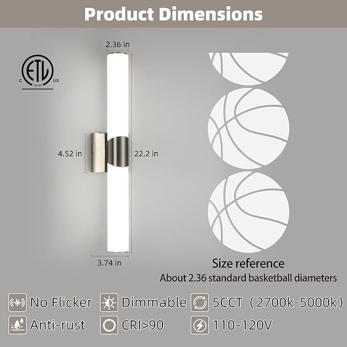 Modern Wall Sconce 22 Ihch Brushed Nickel Bathroom Sconces LED Wall Lighting Fixtures with Acrylic Shade Hardwired Long Vanity Lights Over Mirror for Bedroom Living Room Hallway