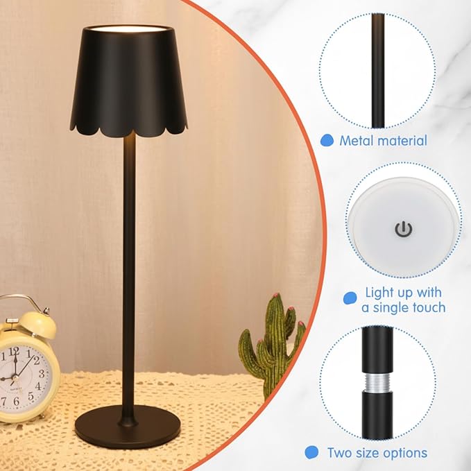 Pickmesh 2 Pack Scalloped Touch Cordless Table Lamp Rechargeable 4000mAh Battery 3 Color Stepless Dimmable Portable LED Desk Light for Mahjong Gift Bedroom Wedding Bars Outdoor Party Home Décor(Black)