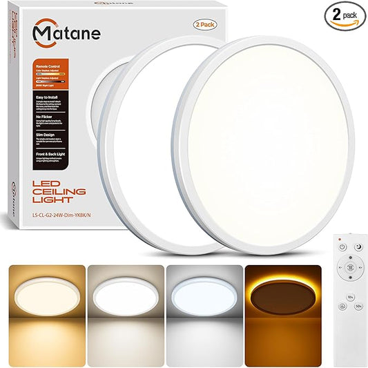 Matane 2Pack 12in LED Flush Mount Ceiling Light Fixture with Remote Control, Nightlight 2000K Warm, 3000K-6500K Adjustable, Low Profile Ceiling Lights for Bedroom, Kitchen, Living Room, White