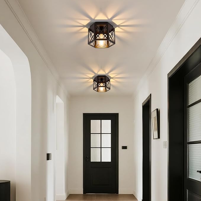 2 Pack Flush Mount Ceiling Light, 1-Light Black Light Fixtures Ceiling Mount, Small Flush Mount Lamp with Hexagonal Metal Cage, Farmhouse Chandeliers for Hallway Kitchen Sink Entryway Foyer