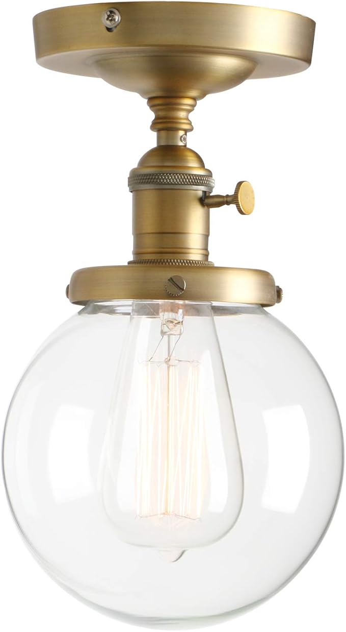 PERMO Semi Flush Mount Ceiling Light Modern Globe Clear Glass Shade Industrial Hallway Light Fixtures for Kitchen, Bathroom, Farmhouse Ceiling Light for Entryway (Antique Gold)