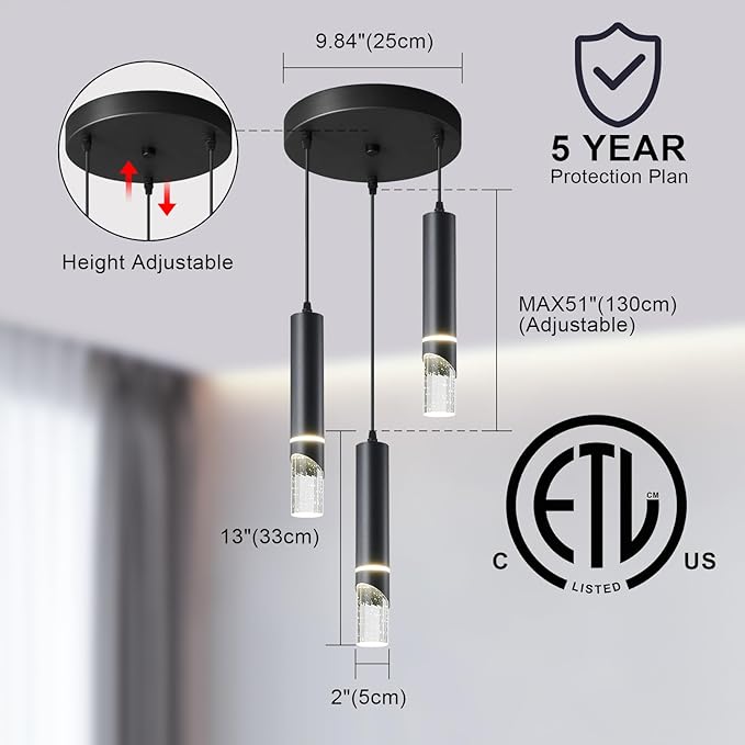 Modern Black Crystal Pendant Ceiling Lamp - 3-Light 36Waht Pendant Light Fixtures - Dimmable Hanging Chandelier Lighting for Dining Room Bedroom - Stylish Kitchen Island Light Fixture