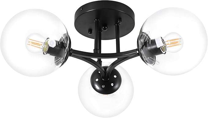 Mid Century Modern Ceiling Light Clear Globe Semi Flush Mount Ceiling Light Black Sputnik Light Fixture Chandeliers Clear Glass Matte Black Chandeliers Living Room Dining Room Bedroom 3 Lights