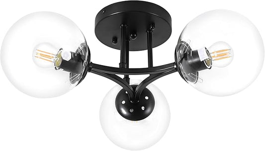 Mid Century Modern Ceiling Light Clear Globe Semi Flush Mount Ceiling Light Black Sputnik Light Fixture Chandeliers Clear Glass Matte Black Chandeliers Living Room Dining Room Bedroom 3 Lights