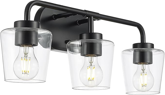 Bathroom Light Fixtures, 3-Light Matte Black Vanity Lights Over Mirror with Clear Glass, Modern Vanity Lighting Fixtures, AD-22004-3W-BK-C